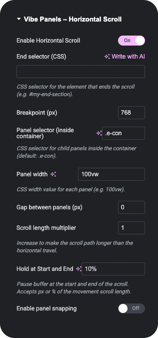 Vibe Panels for Elementor (Scroll-Driven Horizontal Panels) Containers and Sections in seconds!